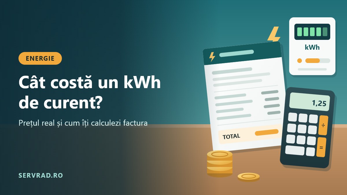 Factură de energie electrică, contor cu afișaj în kWh, calculator și monede