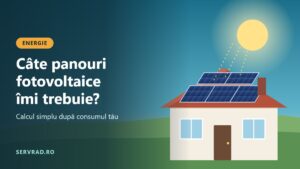 Casă cu panouri fotovoltaice pe acoperiș, în soare