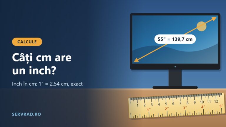 Televizor cu o săgeată pe diagonală marcată în inch și în centimetri, lângă o riglă cu ambele scale