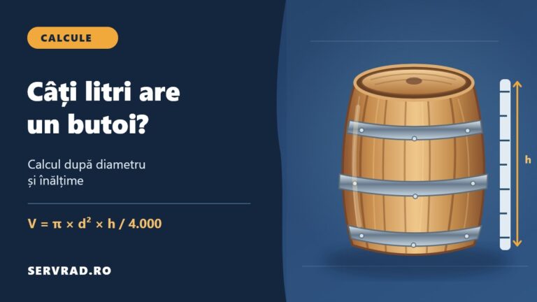 Butoi de lemn ilustrat cu riglă de măsurare a înălțimii și formula de calcul a volumului în litri după diametru și înălțime.
