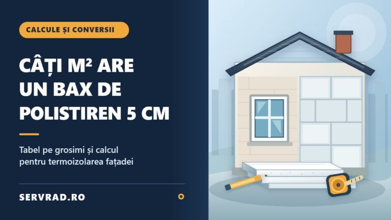 Fațadă de casă în curs de termoizolare, plăci de polistiren expandat de 5 cm și ilustrație a calculului suprafeței unui bax.