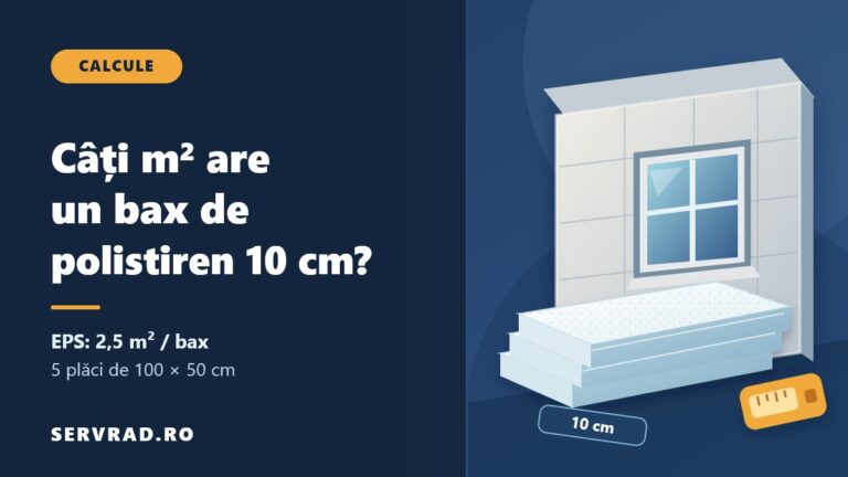 Bax de polistiren expandat de 10 cm ilustrat lângă o fațadă, cu 5 plăci de 100 × 50 cm și suprafață de acoperire de 2,5 m²