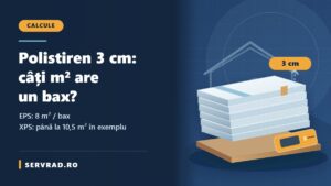 Bax de polistiren de 3 cm cu plăci termoizolante suprapuse, dimensiuni și indicația de 8 metri pătrați pentru polistiren expandat EPS.