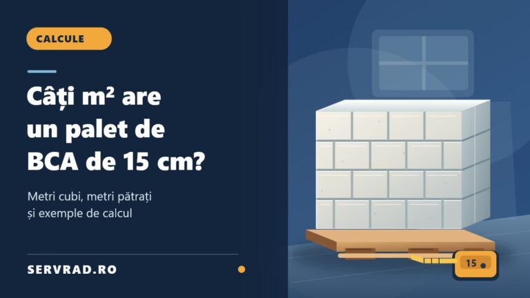 Palet cu blocuri de BCA de 15 cm ilustrat vectorial, alături de titlul despre calculul suprafeței de zidărie în metri pătrați