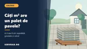 Palet cu pavele din beton lângă o curte pavată, cu titlul Câți metri pătrați are un palet de pavele