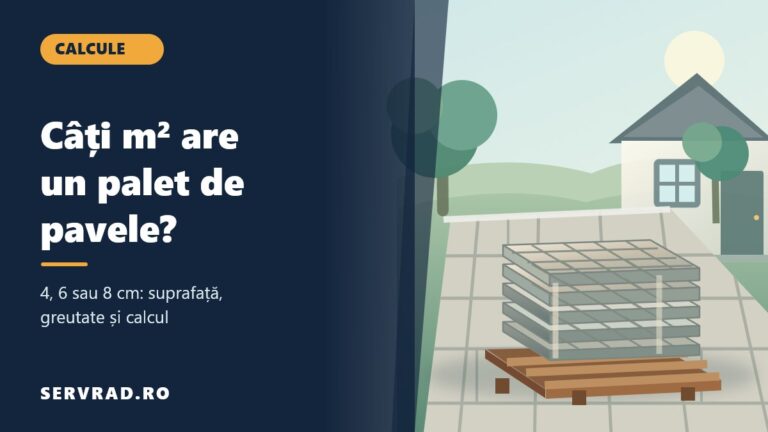 Palet cu pavele din beton lângă o curte pavată, cu titlul Câți metri pătrați are un palet de pavele