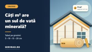Sul de vată minerală și secțiune ilustrată a unui acoperiș de mansardă izolat, cu titlul ghidului despre câți metri pătrați acoperă o rolă