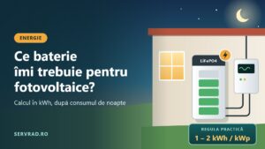 Baterie LiFePO4 și invertor montate pe peretele unei case, seara