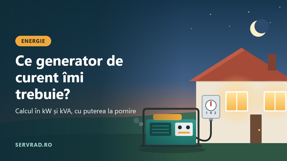 Generator de curent portabil așezat afară, lângă o casă luminată la apus, conectat prin cablu la un inversor de sursă montat pe perete
