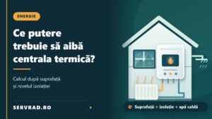 Ilustrație cu o centrală termică murală, calorifer și casă încălzită, pentru calculul puterii centralei după suprafață și izolație