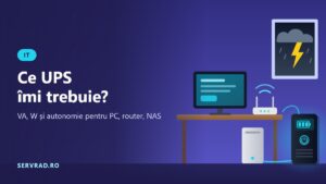 UPS lângă un birou cu PC, monitor și router, în timpul unei furtuni