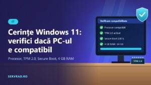 Monitor de calculator cu o listă de verificare a compatibilității Windows 11, lângă un cip TPM și un scut de Secure Boot
