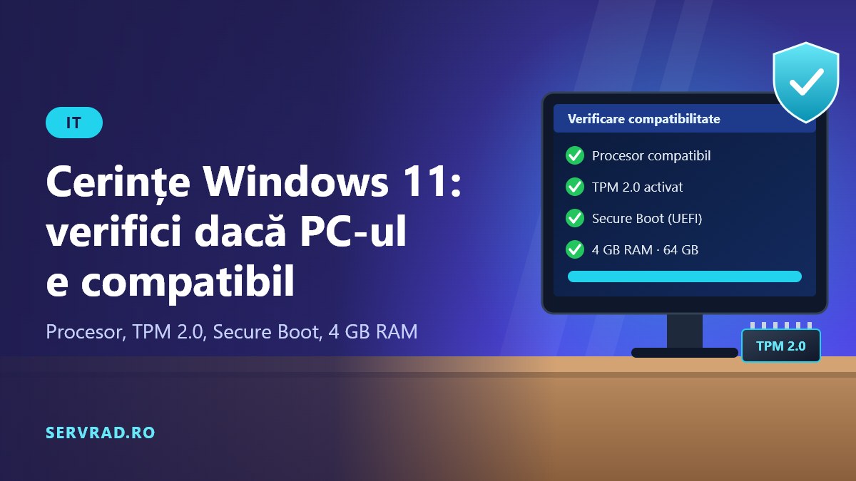 Monitor de calculator cu o listă de verificare a compatibilității Windows 11, lângă un cip TPM și un scut de Secure Boot