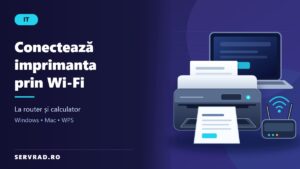 Imprimantă wireless conectată prin Wi-Fi la un router și la un laptop, cu simboluri de rețea și documente pregătite pentru imprimare.