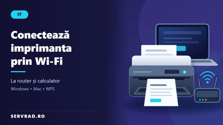 Imprimantă wireless conectată prin Wi-Fi la un router și la un laptop, cu simboluri de rețea și documente pregătite pentru imprimare.