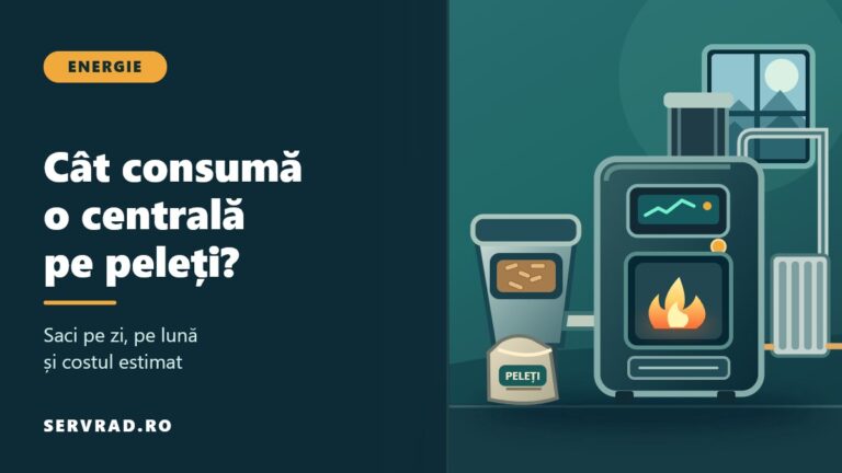 Centrală pe peleți cu buncăr, saci de combustibil și instalație de încălzire, alături de titlul despre consumul zilnic și lunar