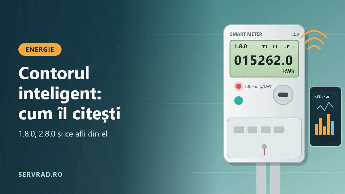 Contor inteligent de energie electrică montat pe perete, cu afișajul care arată codul 1.8.0 și indexul în kWh, conectat prin semnal la un telefon cu graficul consumului