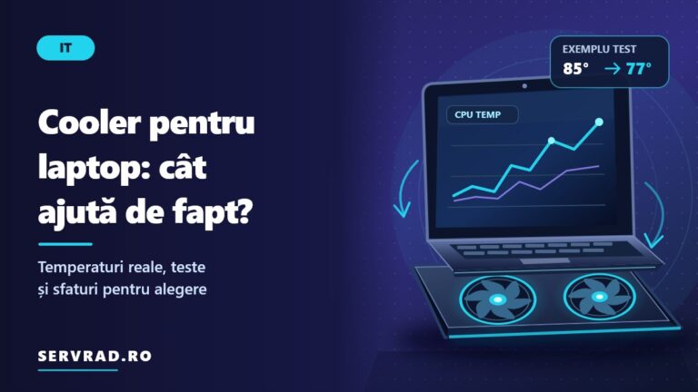 Laptop de gaming așezat pe un cooler cu ventilatoare și iluminare albastră, alături de un indicator care compară temperaturile procesorului de 85 și 77 de grade Celsius.