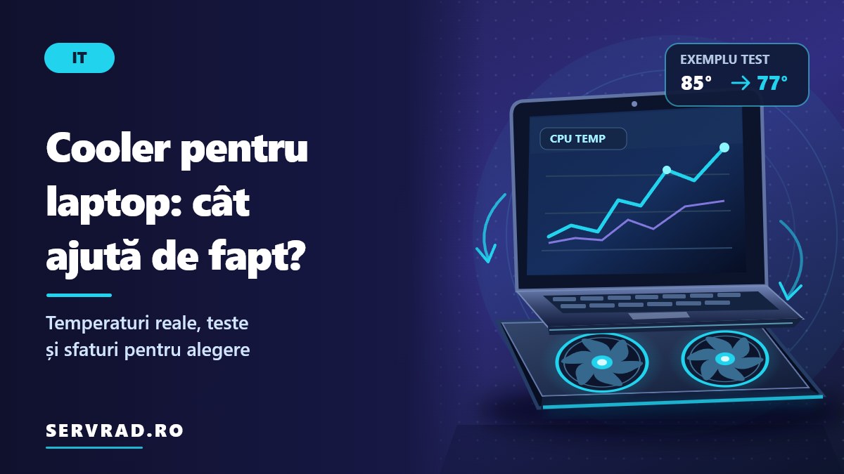 Laptop de gaming așezat pe un cooler cu ventilatoare și iluminare albastră, alături de un indicator care compară temperaturile procesorului de 85 și 77 de grade Celsius.