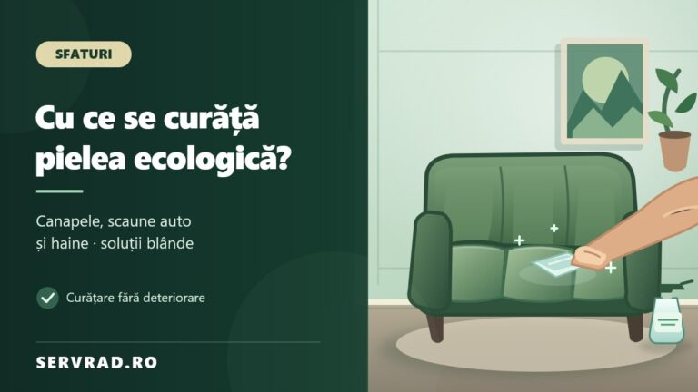 Canapea verde din piele ecologică, curățată cu o lavetă moale, alături de produse blânde de întreținere