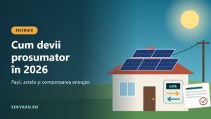 Casă cu panouri fotovoltaice pe acoperiș, contor bidirecțional și un dosar cu acte pentru racordarea ca prosumator