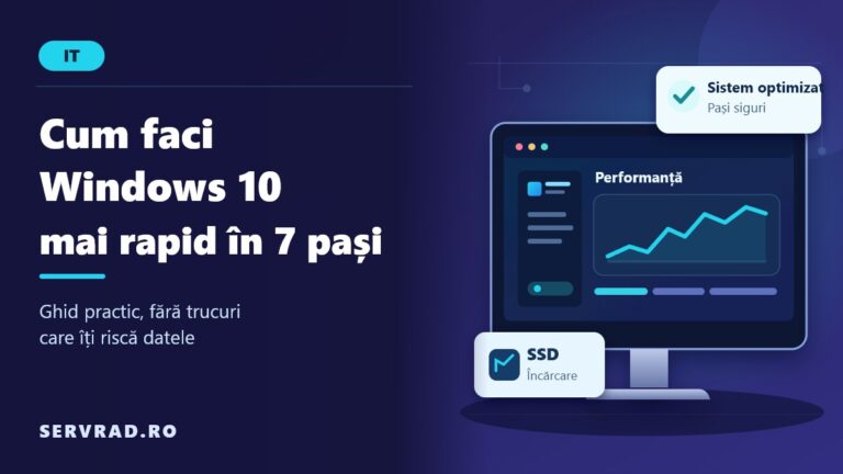 Calculator cu Windows 10 și panou de performanță, alături de titlul Cum faci Windows 10 mai rapid în 7 pași.