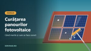 Panouri fotovoltaice pe acoperiș curățate cu o perie moale pe tijă telescopică și apă, dimineața