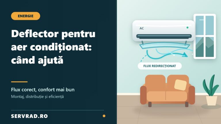 Aparat de aer condiționat montat pe perete, prevăzut cu deflector reglabil care redirecționează aerul rece spre tavan, evitând persoanele din încăpere.