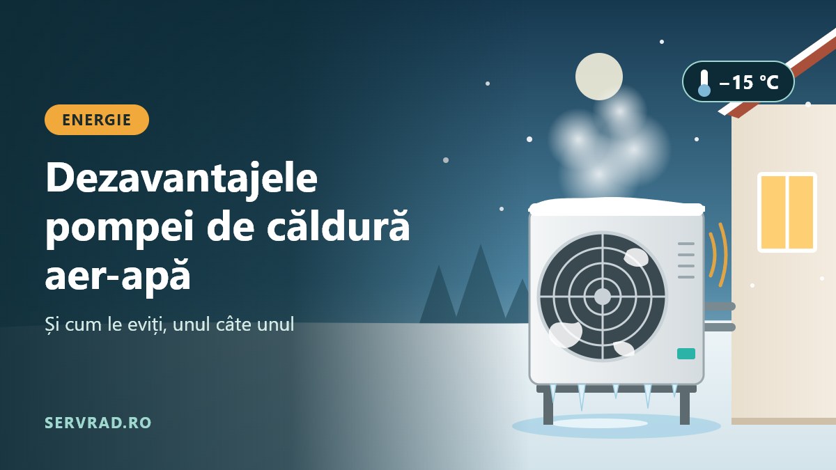 Unitate exterioară de pompă de căldură aer-apă lângă peretele unei case, iarna, cu brumă pe grilă și un termometru care arată −15 °C