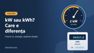 Contor electric cu afișaj în kWh lângă un vitezometru care arată puterea în kW
