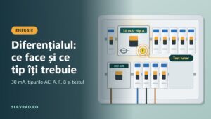Tablou electric cu siguranțe automate și un întrerupător diferențial cu butonul de test evidențiat și un semn de curent rezidual