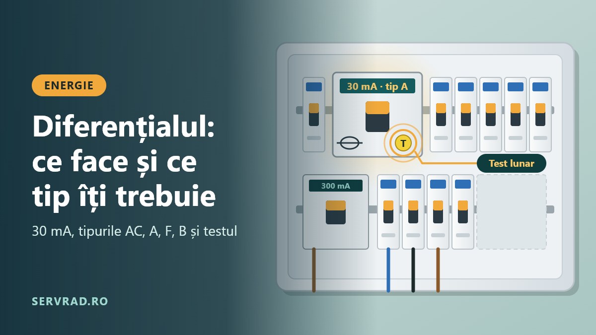 Tablou electric cu siguranțe automate și un întrerupător diferențial cu butonul de test evidențiat și un semn de curent rezidual