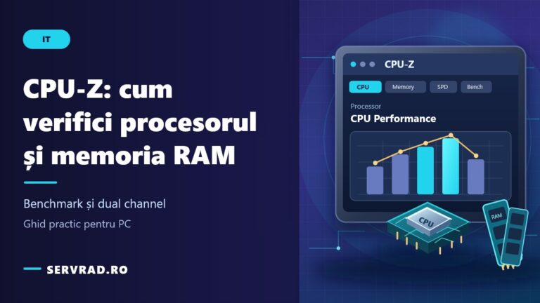 Ilustrație cu un calculator, un procesor și o interfață de diagnosticare CPU-Z care afișează informații despre CPU, memoria RAM și performanță