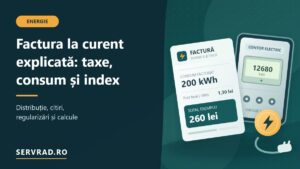 Factură de energie electrică ilustrată, cu un consum de 200 kWh, total de 260 lei și un contor electric, alături de explicații despre taxe și index.