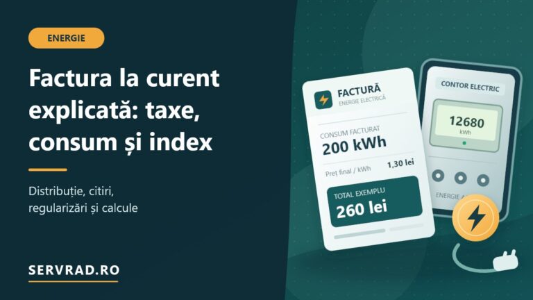 Factură de energie electrică ilustrată, cu un consum de 200 kWh, total de 260 lei și un contor electric, alături de explicații despre taxe și index.