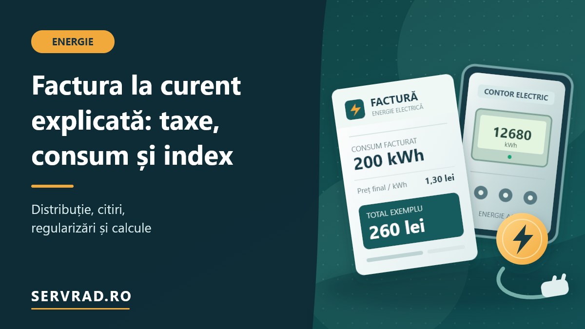 Factură de energie electrică ilustrată, cu un consum de 200 kWh, total de 260 lei și un contor electric, alături de explicații despre taxe și index.