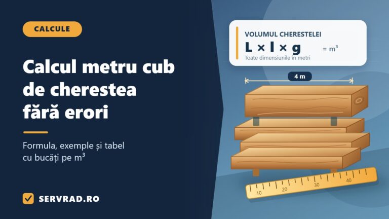 Ilustrație cu scânduri și grinzi de cherestea stivuite, instrumente de măsurare și formula volumului lungime înmulțit cu lățime înmulțit cu grosime.