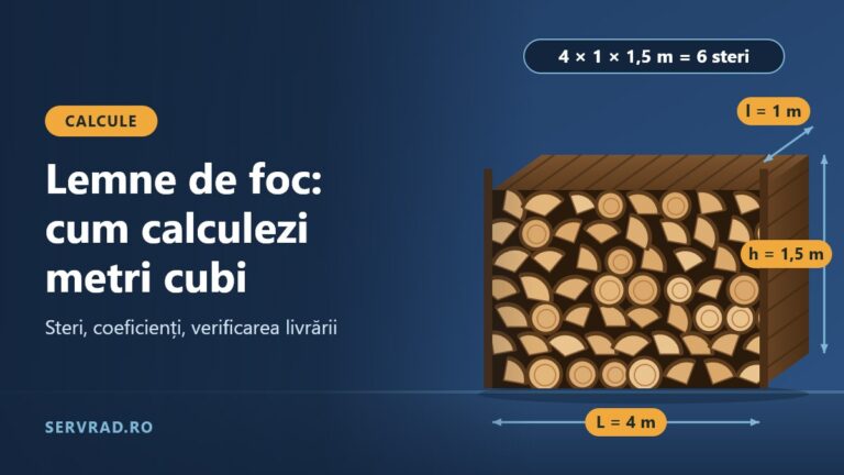 Stivă de lemne de foc de un metru între doi stâlpi, cu cotele de lungime, lățime și înălțime marcate
