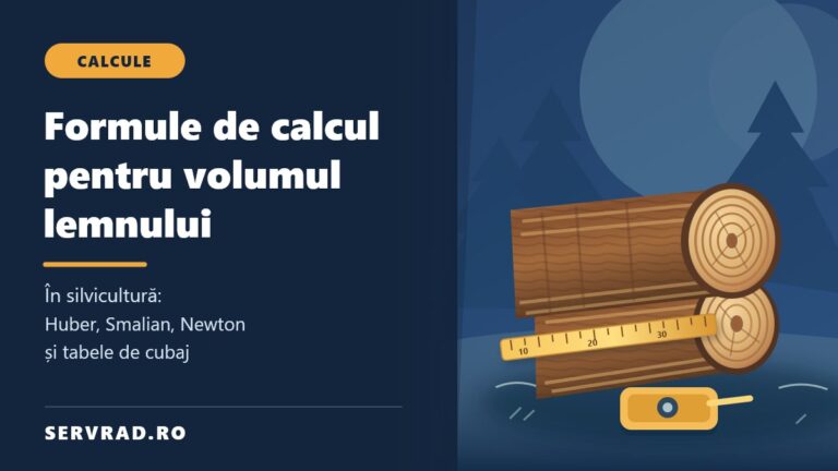 Buștean ilustrat cu secțiune transversală și inele de creștere, alături de instrumente de măsurare și formule pentru calculul volumului lemnului în silvicultură