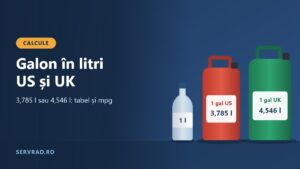 Canistră de un galon american și una de un galon englezesc lângă o sticlă de un litru, cu etichetele 3,785 l și 4,546 l