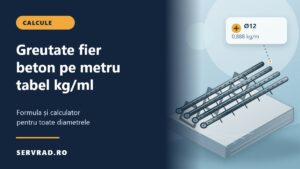 Bare striate de fier beton așezate pe o placă de beton, cu indicația Ø12 și greutatea de 0,888 kg pe metru liniar