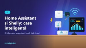 Mini PC cu Home Assistant, tabletă cu grafic de consum, întrerupător cu releu Shelly și priză inteligentă conectate prin Wi-Fi
