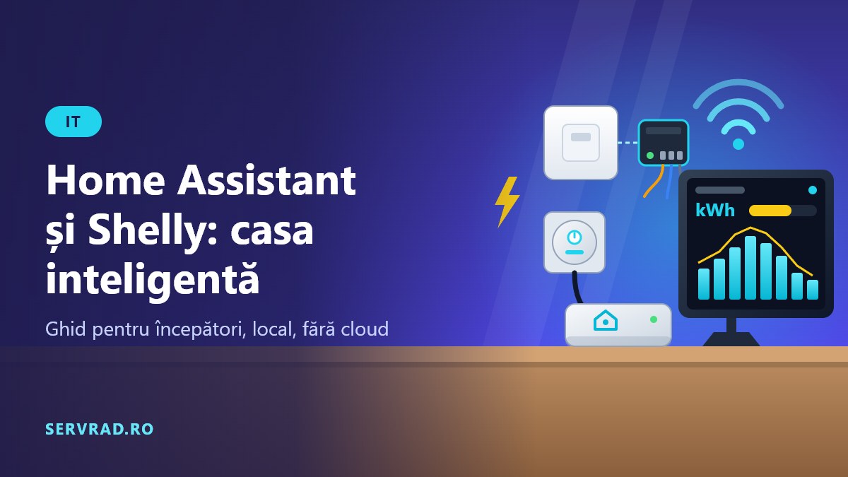 Mini PC cu Home Assistant, tabletă cu grafic de consum, întrerupător cu releu Shelly și priză inteligentă conectate prin Wi-Fi