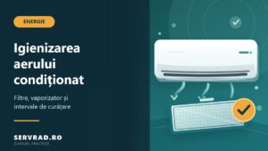 Unitate interioară de aer condiționat ilustrată vectorial, cu filtru de aer detașat pentru curățare, flux de aer și elemente care reprezintă igienizarea aparatului.