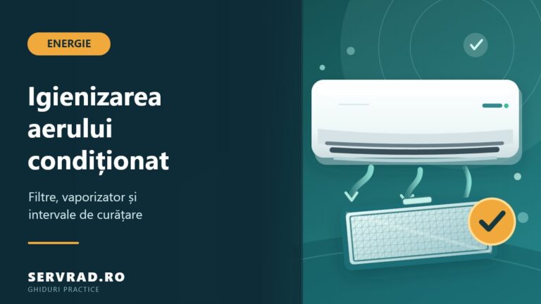 Unitate interioară de aer condiționat ilustrată vectorial, cu filtru de aer detașat pentru curățare, flux de aer și elemente care reprezintă igienizarea aparatului.