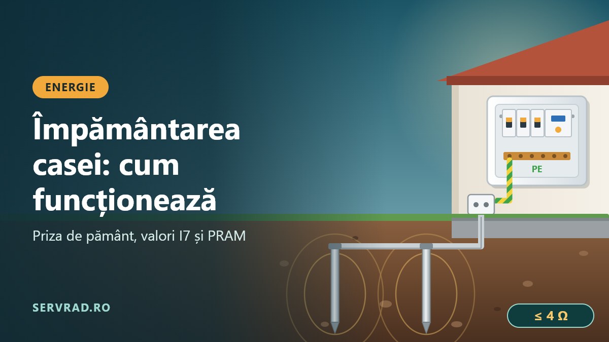 Secțiune prin sol lângă o casă, cu electrozi de împământare bătuți în pământ, platbandă până la perete și tablou electric cu conductor galben-verde