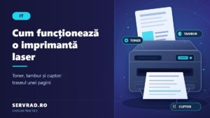Ilustrație vectorială a unei imprimante laser care tipărește un document, cu reprezentarea tonerului, tamburului fotosensibil și unității de fixare prin căldură.