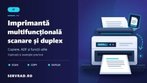 Imprimantă multifuncțională modernă cu alimentator automat ADF, scanner, panou de control și documente imprimate față-verso, ilustrată pe fundal indigo.