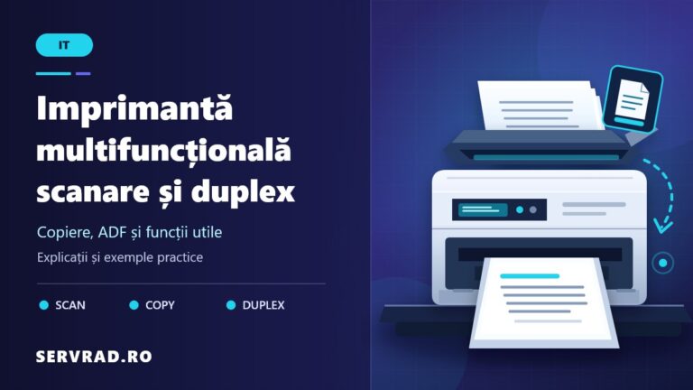 Imprimantă multifuncțională modernă cu alimentator automat ADF, scanner, panou de control și documente imprimate față-verso, ilustrată pe fundal indigo.