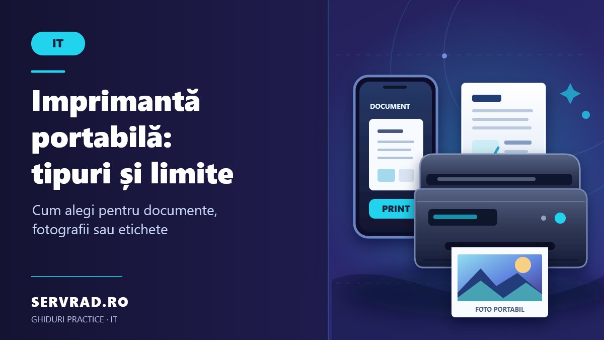 Imprimantă portabilă compactă lângă un telefon mobil, cu document A4 și fotografie imprimate, ilustrând utilizarea în deplasare.
